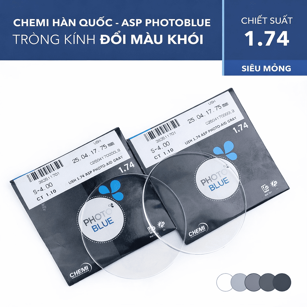 1.74 tròng kính siêu mỏng Đổi màu chemi 1.74 tròng kính siêu mỏng Đổi màu chemi