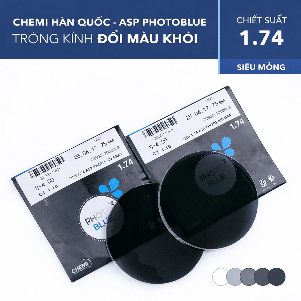 1.74 tròng kính siêu mỏng Đổi màu chemi 1.74 tròng kính siêu mỏng Đổi màu chemi